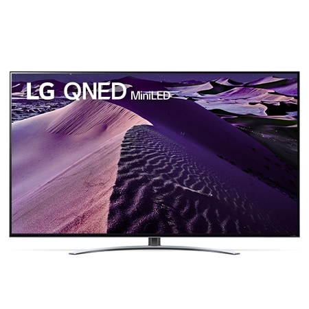 Vista frontal da TV LG QNED com imagem infill e logótipo do produto