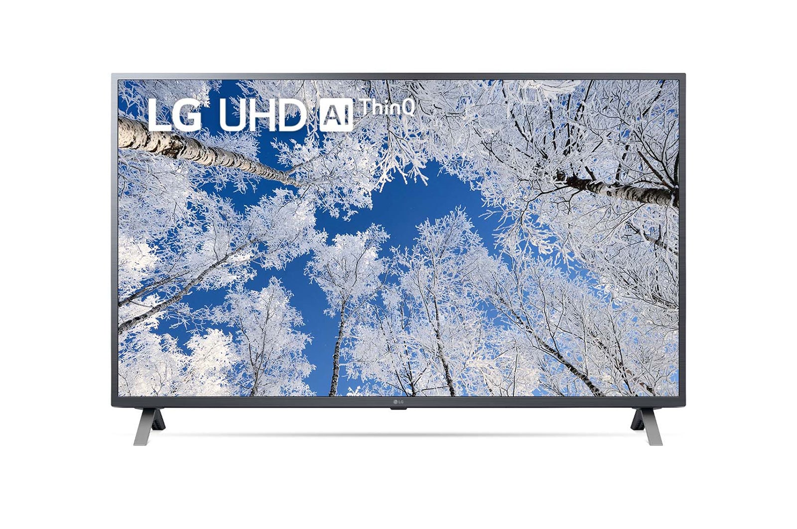 Vista frontal da TV UHD da LG com imagem infill e logótipo do produto