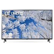 Vista frontal da TV UHD da LG com imagem infill e logótipo do produto