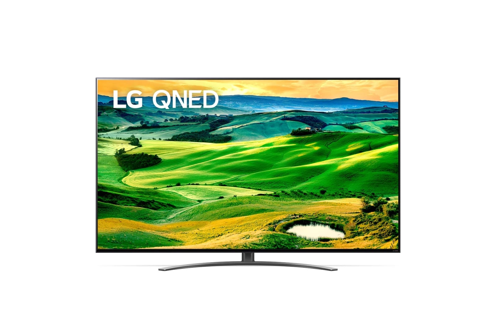 Vista frontal da TV LG QNED com imagem infill e logótipo do produto