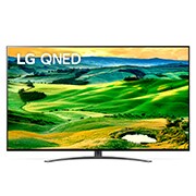 Vista frontal da TV LG QNED com imagem infill e logótipo do produto