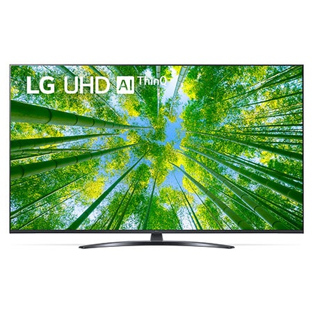 Vista frontal da TV UHD da LG com imagem infill e logótipo do produto