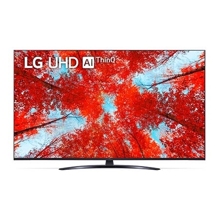 Vista frontal da TV UHD da LG com imagem infill e logótipo do produto