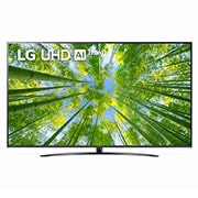 Vista frontal da TV UHD da LG com imagem infill e logótipo do produto