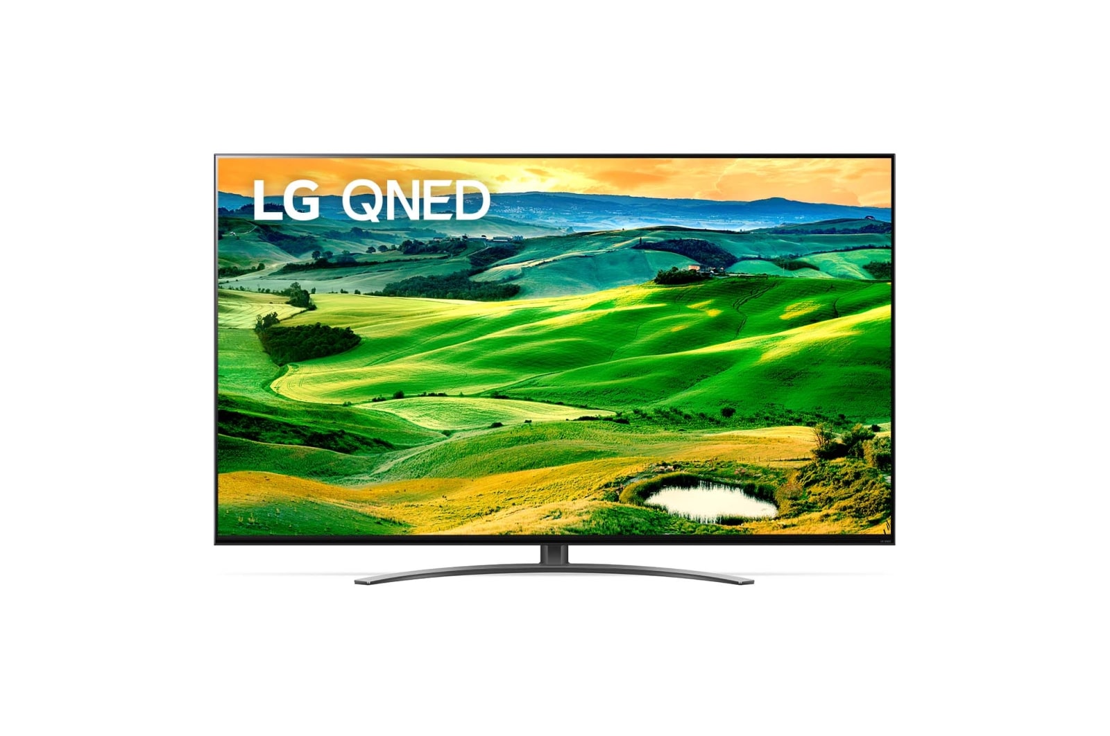 Vista frontal da TV LG QNED com imagem infill e logótipo do produto