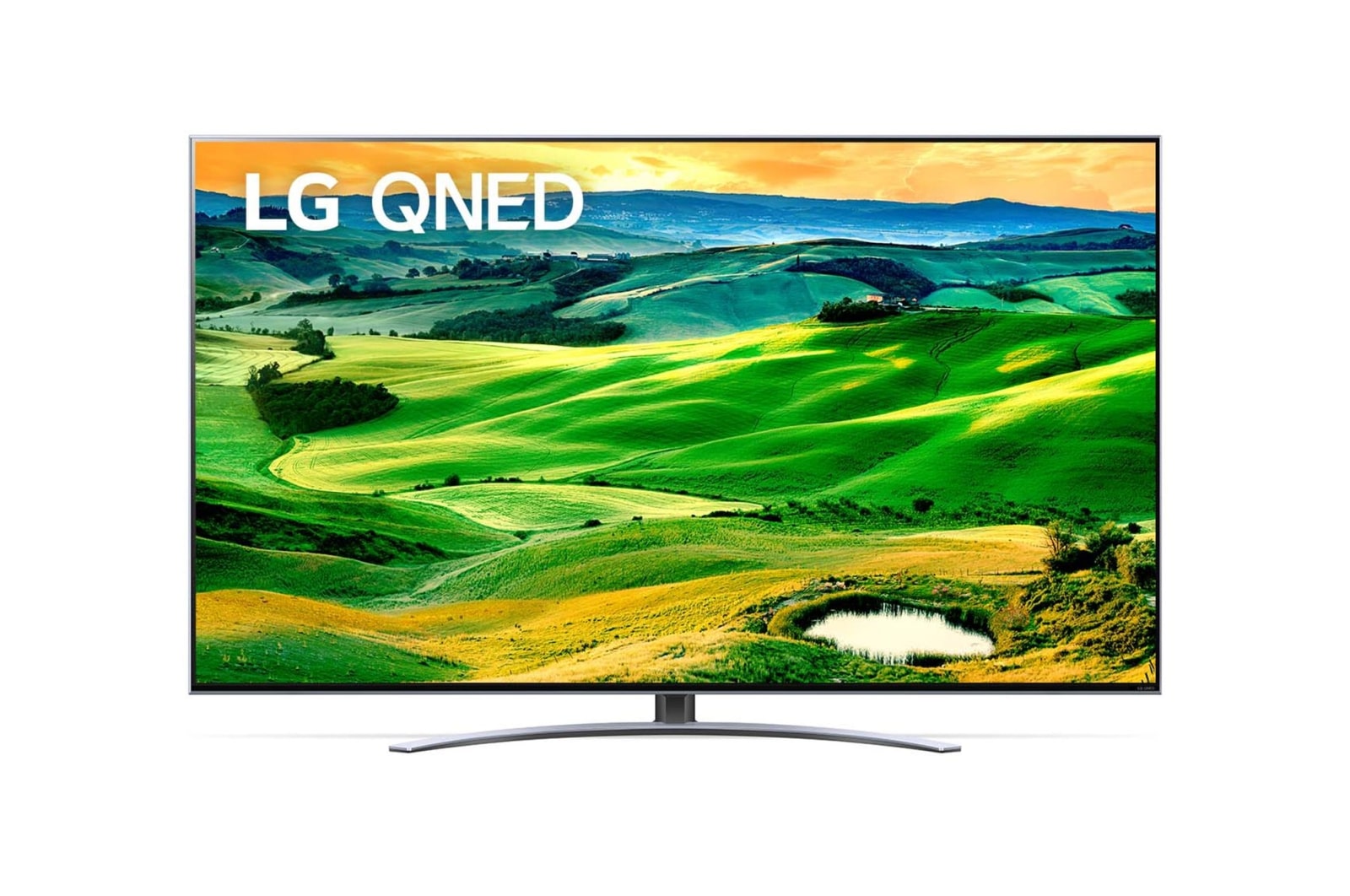 Vista frontal da TV LG QNED com imagem infill e logótipo do produto