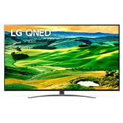 Vista frontal da TV LG QNED com imagem infill e logótipo do produto