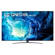 Vista frontal da TV LG QNED com imagem infill e logótipo do produto