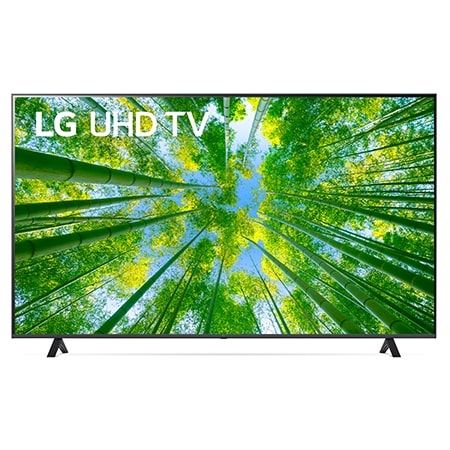 Vista frontal da TV UHD da LG com imagem infill e logótipo do produto