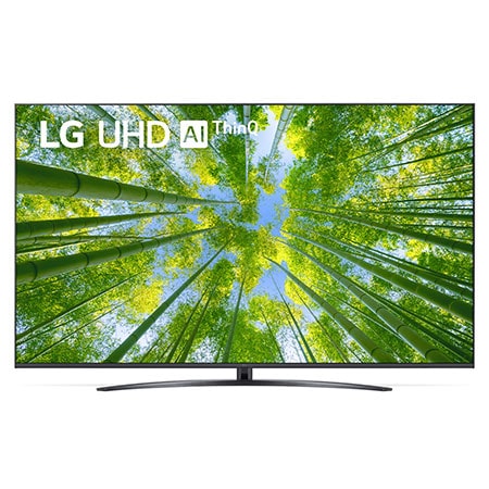 Vista frontal da TV UHD da LG com imagem infill e logótipo do produto