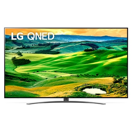 Vista frontal da TV LG QNED com imagem infill e logótipo do produto