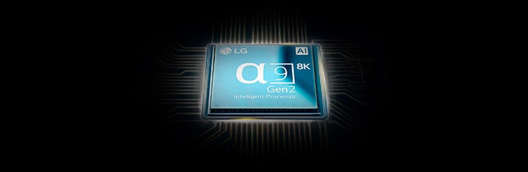 Chip do processador Alpha 9 Gen3 AI em destaque com gráficos azuis num fundo preto