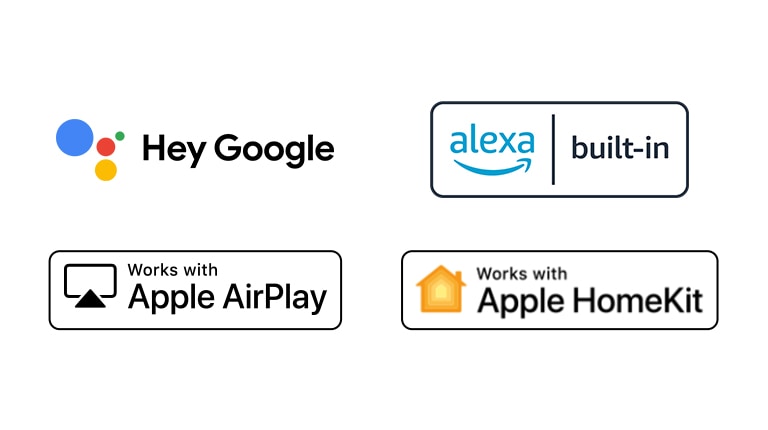 Detalhes a mostrarem logótipos de Hey Google, Alexa, Apple Airplay e Apple HomeKit, com que o ThinQ AI é compatível.