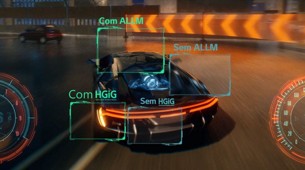 Uma imagem de um jogo de corridas de automóveis a mostrar a qualidade de imagem melhorada fornecida pela HGIG e ALLM comparada com a imagem sem esses recursos.