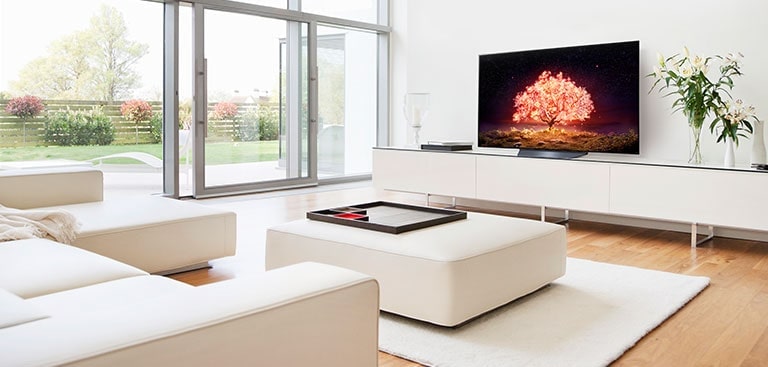 Uma TV que mostra uma árvore que emite luz vermelha num cenário com uma casa branca e simples