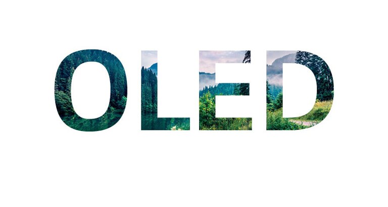 A palavra ‘OLED’ preenchida com uma imagem da natureza a deslizar da direita (reproduzir o vídeo)