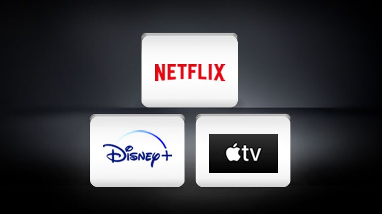 O logótipo Netflix, o logótipo Disney , o logótipo Apple TV organizados horizontalmente num fundo negro.