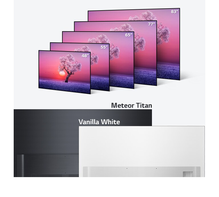 LG OLED TV disponível em diferentes polegadas, de 48" a 83", com opção de cor branca ou preta nas costas da sua TV.