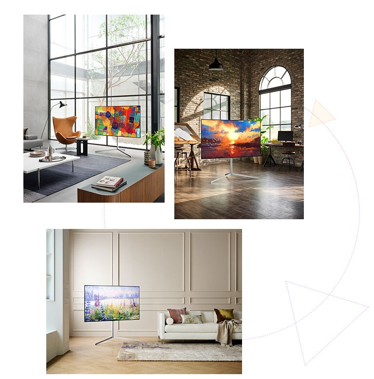 Três TV Gallery Design com um suporte como se de obras de arte se tratassem, em qualquer lugar
