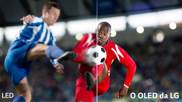 uma_cena_de_um_jogo_de_futebol_dividida_em_duas_para_efeitos_comparativos__na_imagem,_encontra-se_o_texto_lcd/LED à esquerda e o logo LG OLED à direita.