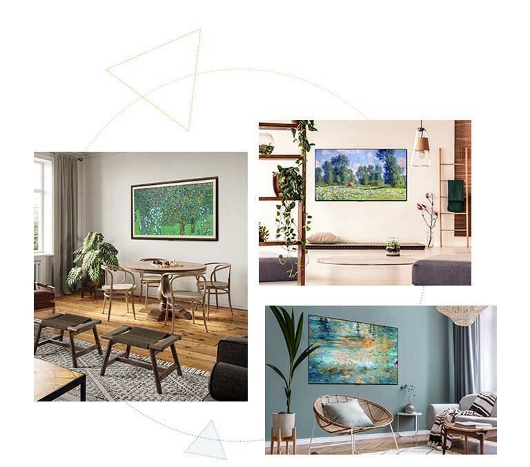 Três TV Gallery Design com um suporte a fazer a vez de obras de arte em qualquer lugar