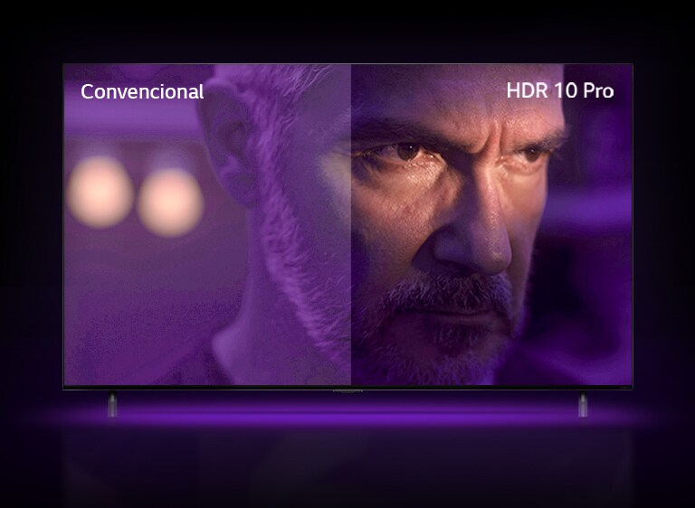 A man watches from the street, looking furious. The image is divided into two. The left side of the image appears lifeless and has less vibrant colors, but the right side of the image appears more vibrant and has more color. In the top left corner it appears 'conventional', in the top right corner it appears 'HDR 10 PRO'.