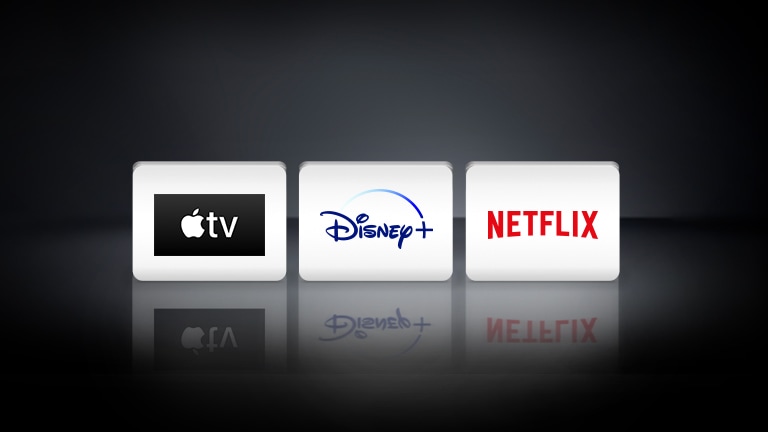O logótipo Apple, o logótipo Disney  e o logótipo Netflix organizados num fundo negro.