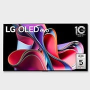 Front view with LG OLED evo, 10 Years World No.1 OLED Emblem, and 5-Year Panel Warranty logo on screen