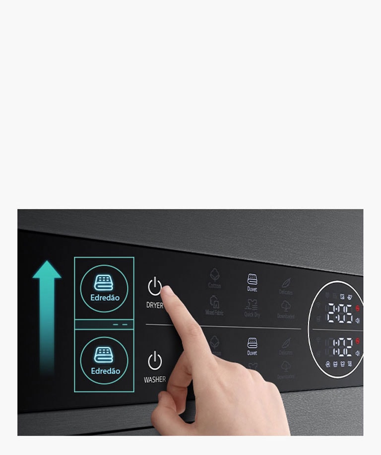 Imagem do painel do produto. Botão "Edredão" da máquina de secar e da máquina de lavar estão iluminados.