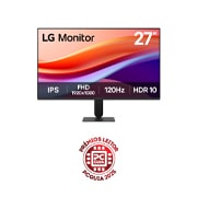 Vista frontal de Monitor LG IPS Full HD 120Hz de 27 polegadas com design praticamente sem margens, sRGB 99% (Typ.), HDR 10, 1ms MBR 27U411A-B