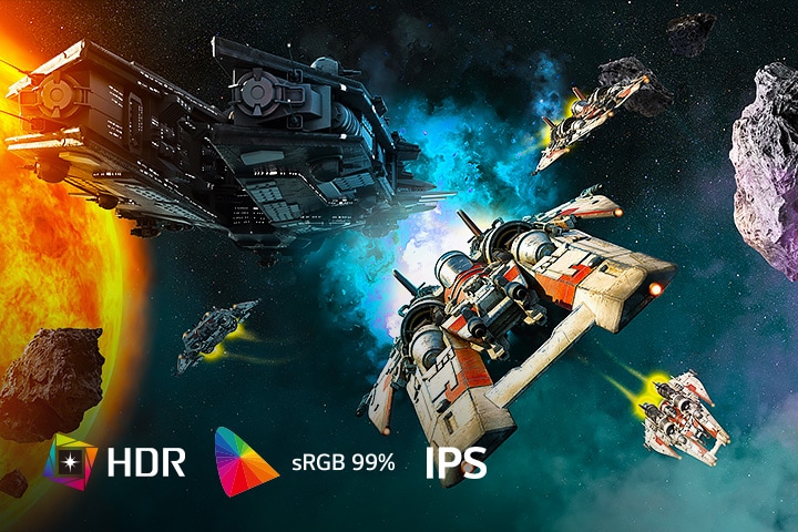 Cena de jogo de combate espacial que mostra cores vivas com HDR, sRGB 99% e ecrã IPS no monitor LG UltraGear.