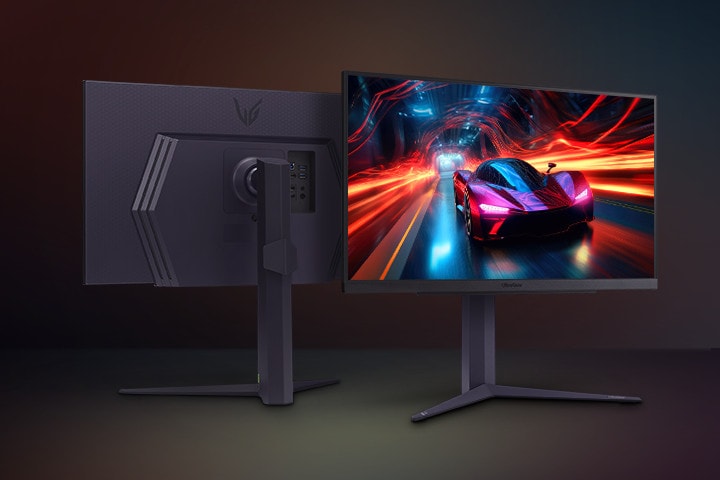 Imagens de dois monitores mostrando a frente e a parte traseira do monitor.