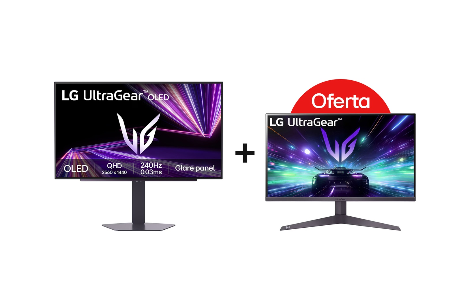 Vista frontal de LG UltraGear™ GX7 de 27 polegadas Monitor para gaming OLED QHD de 240Hz + Monitor Gaming LG UltraGear™ de 24'' FHD com 180Hz, 1ms MBR e HDR10 27GX704A-B.BUNDLE
