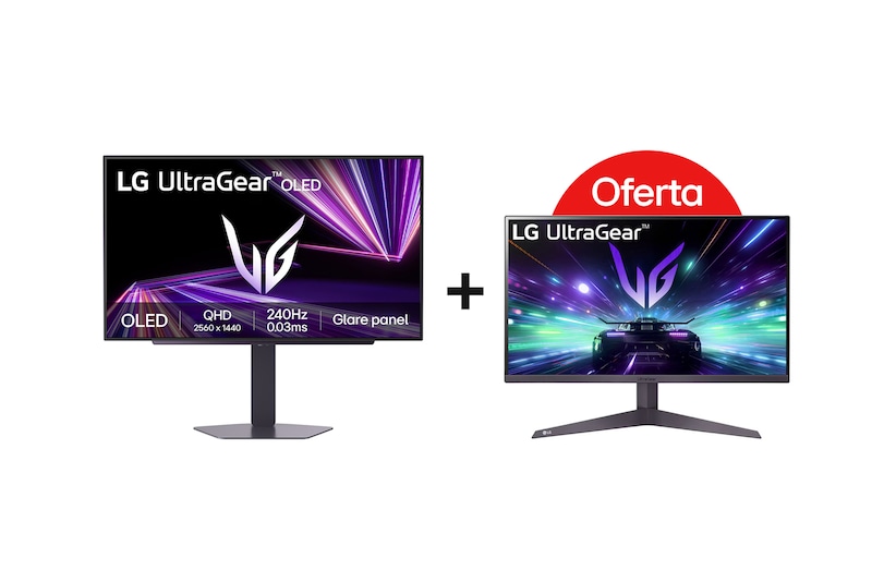 Vista frontal de LG UltraGear™ GX7 de 27 polegadas Monitor para gaming OLED QHD de 240Hz + Monitor Gaming LG UltraGear™ de 24'' FHD com 180Hz, 1ms MBR e HDR10 27GX704A-B.BUNDLE