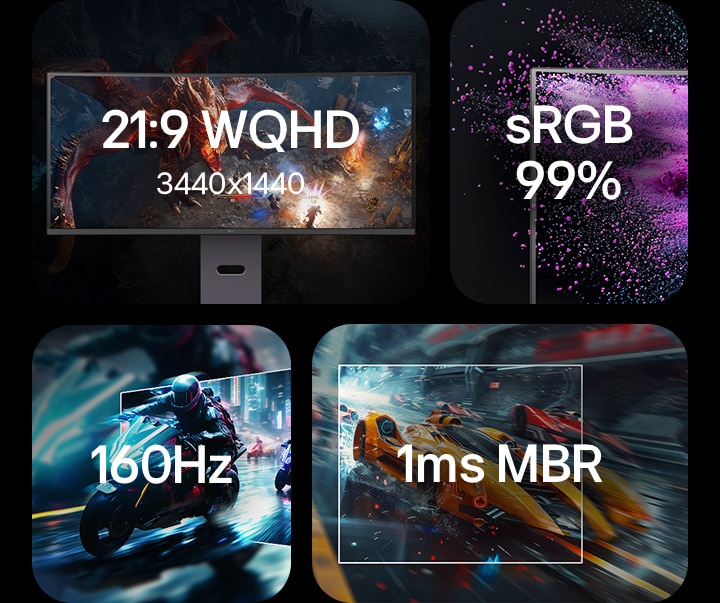 21:9 WQHD 3440x1440, sRGB 99%, 160 Hz, 1 ms MBR