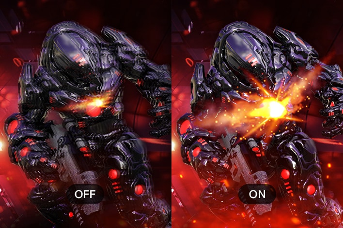 Imagem de comparação de um soldado blindado futurista, com o lado esquerdo mais escuro e menos detalhado (DESLIGADO) e o lado direito mais brilhante e vívido com efeitos de brilho (LIGADO).
