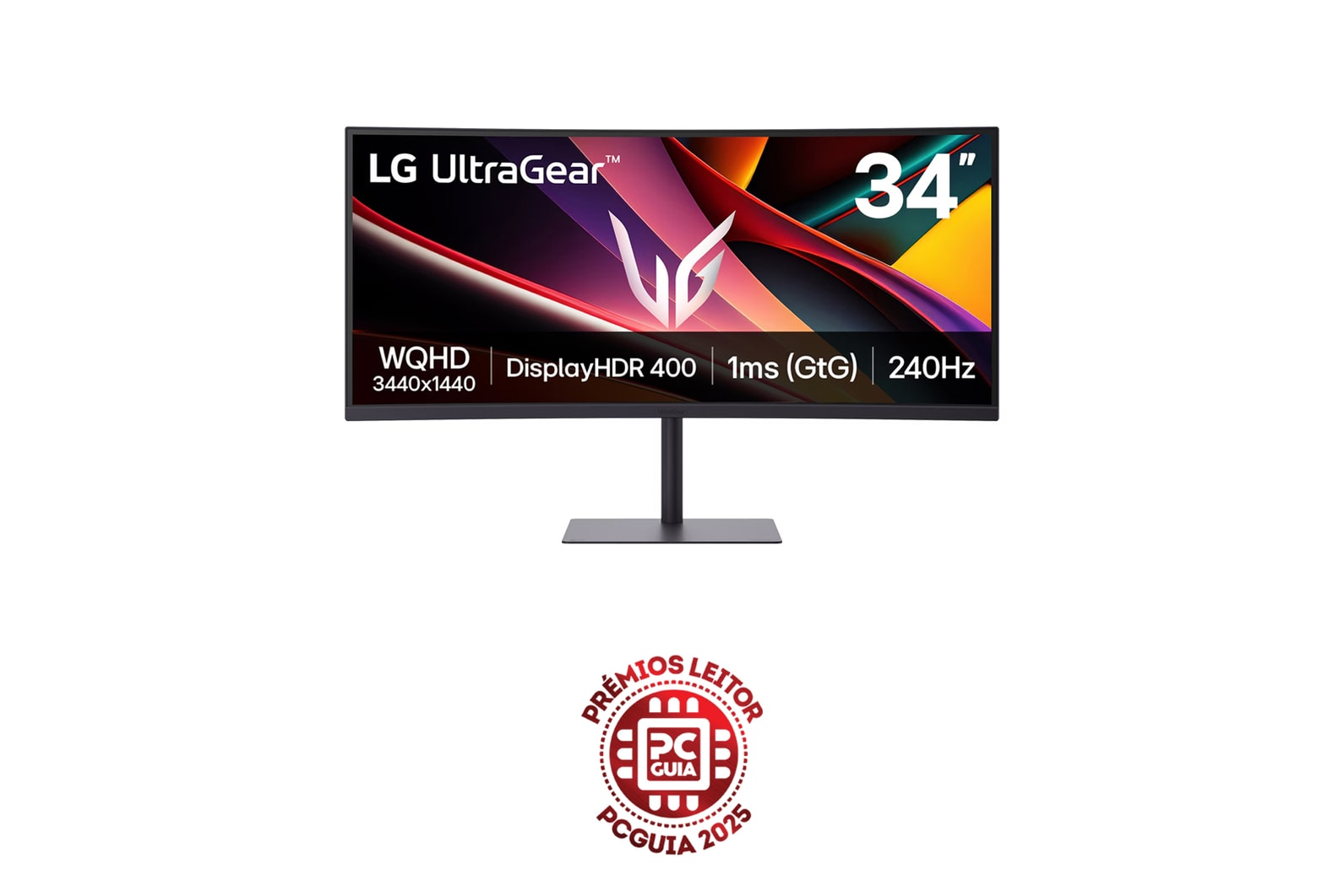 Vista frontal de Monitor para gaming LG UltraGear™ G6 240Hz WQHD de 34 polegadas com DCI-P3 95% (Typ.), VESA DisplayHDR™ 400, 1ms (GtG), USB-C (PD 15W) 34G630A-B