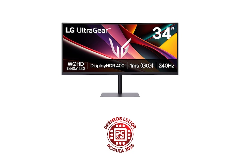 Vista frontal de Monitor para gaming LG UltraGear™ G6 240Hz WQHD de 34 polegadas com DCI-P3 95% (Typ.), VESA DisplayHDR™ 400, 1ms (GtG), USB-C (PD 15W) 34G630A-B