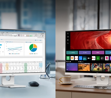 Uma fotografia que mostra os monitores inteligentes LG num escritório e em casa.	