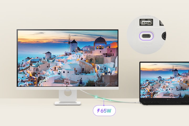 Um computador portátil está ligado a um LG Smart Monitor através de USB-C. Está a carregar através de USB-C enquanto apresenta o mesmo ecrã.	