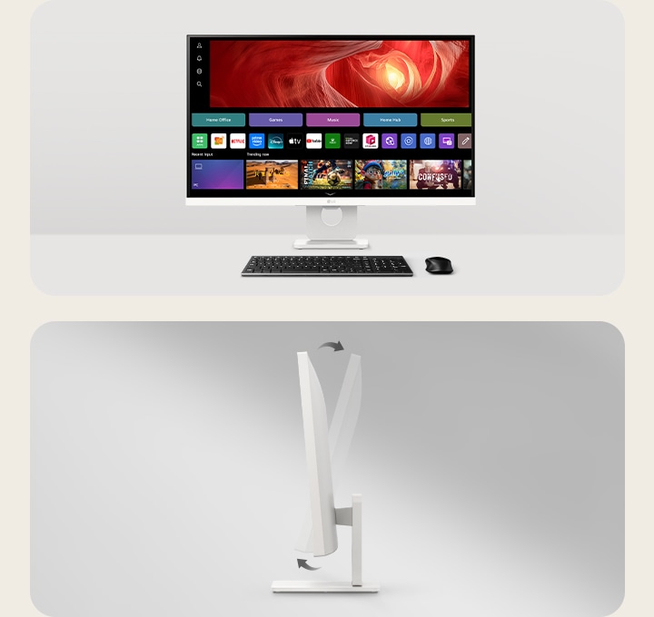 LG Smart Monitor com ecrã inicial webOS apresentado numa secretária com teclado e rato, ao lado de uma vista lateral que realça a capacidade de ajuste da inclinação	