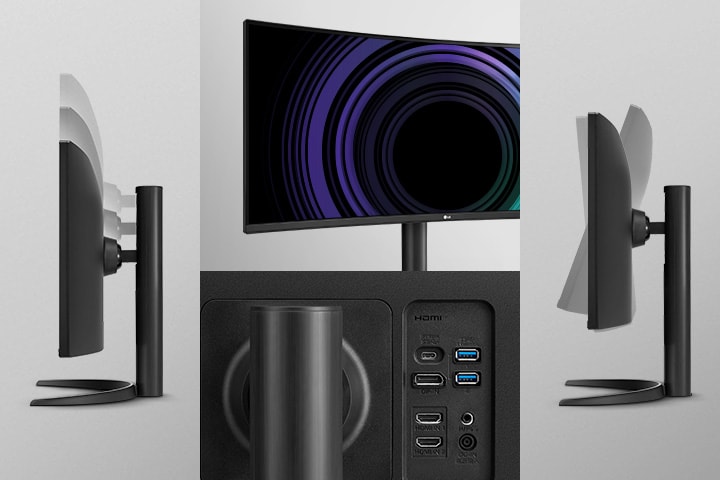 Imagem que mostra a vista dos monitores de 3 lados virtualmente sem margens, Suporte com um clique, altura e inclinação.