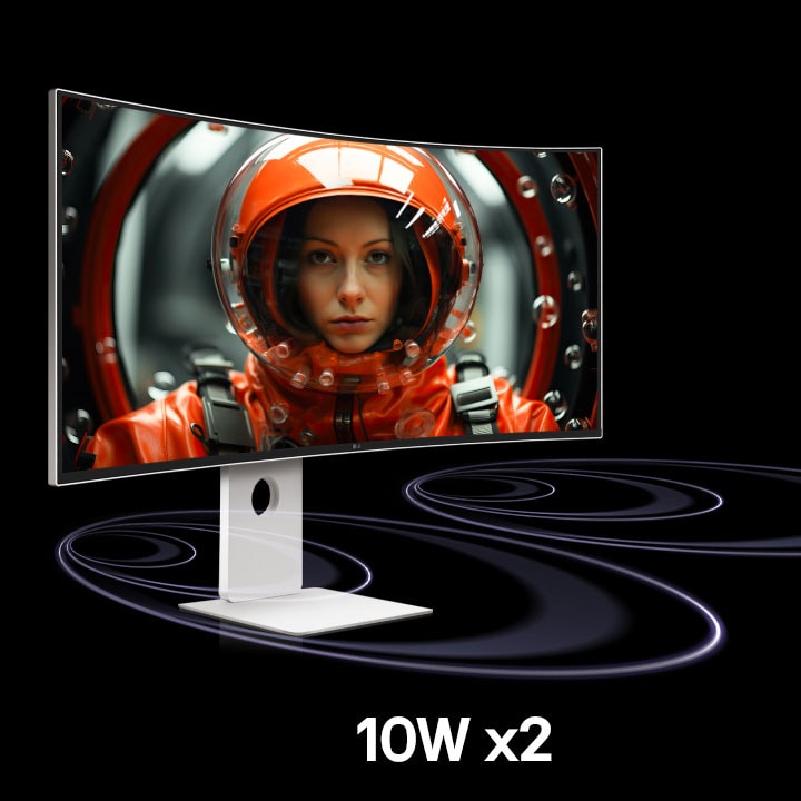 Um monitor UltraFine é colocado num espaço virtual com ondas sonoras provenientes da parte inferior do monitor que se deslocam para a frente. No ecrã, uma mulher com um fato espacial vermelho está virada para a frente.
