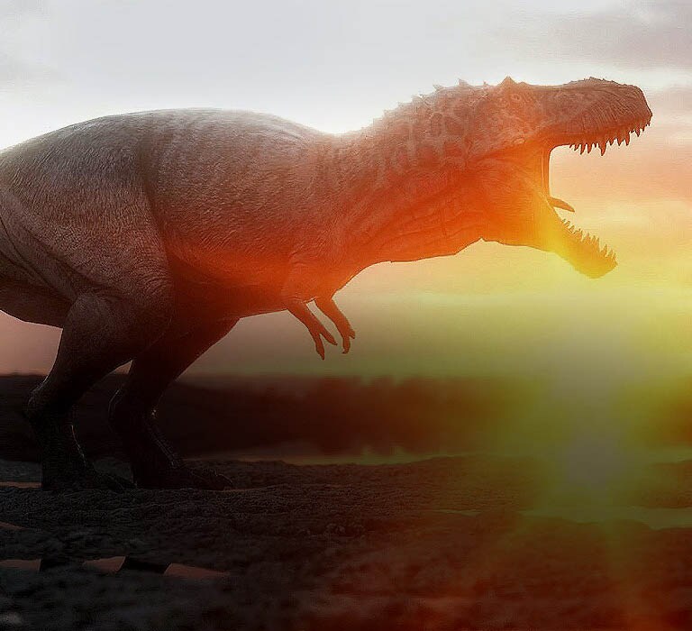 Dinosaurs roar in the background of sunset fields