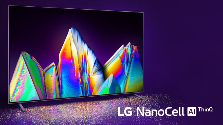 TV nanocell e cristal no ecrã. As partículas de cor são visíveis no chão.