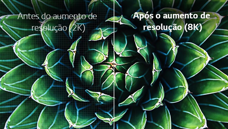 Comparação de imagens de antes e depois do aumento de resolução para 8K. A imagem de antes está pouco nítida