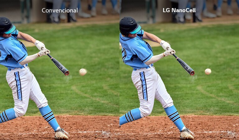 Uma cena de um jogo de beisebol é apresentada metade numa televisão convencional com desfocagem de movimento e a outra metade numa televisão NanoCell da LG sem desfocagem de movimento.