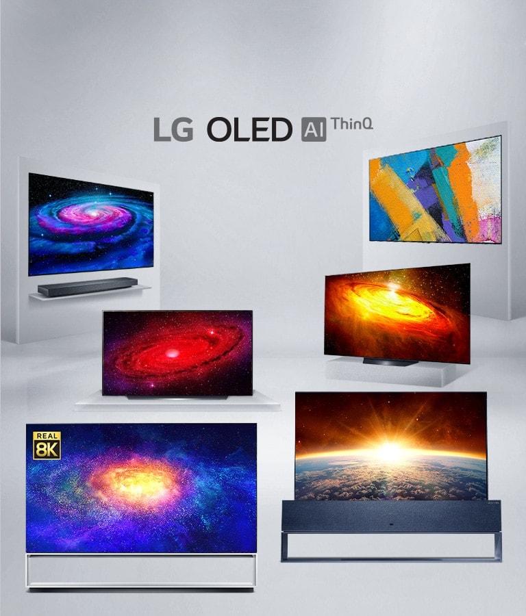 Gama de modelos LG OLED TV 2020 RX, ZX, WX, GX, CX, BX disposta no espaço. (desloque-se para baixo)