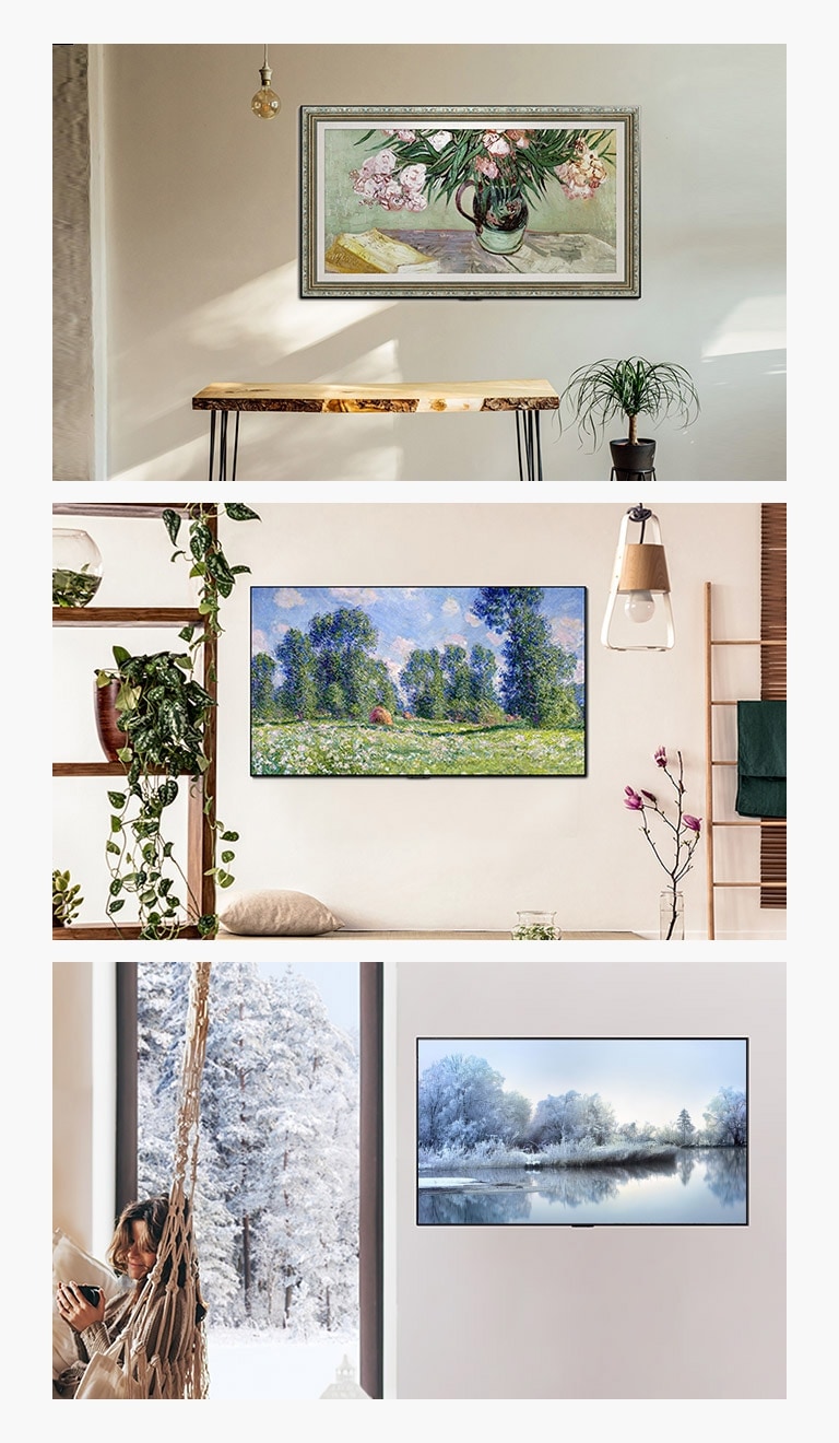 Imagens de uma Gallery Design de montagem na parede com obras de arte nas salas de estar.