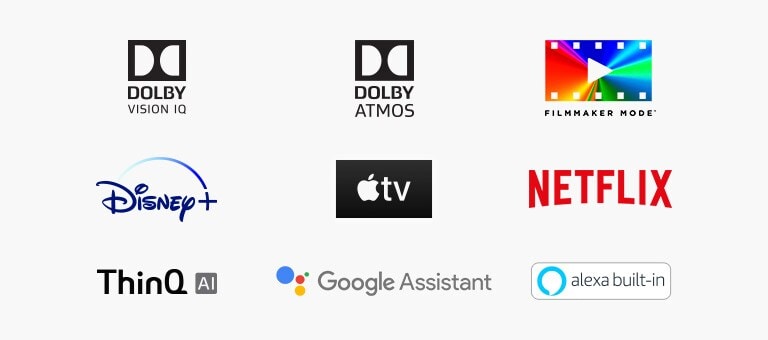 A marca de DOLBY VISION IQ A marca de DOLBY ATMOS A marca do FILMMAKER MODE A marca do disney+ A marca da apple TV A marca da NETFLIX A marca do LG ThinQ A